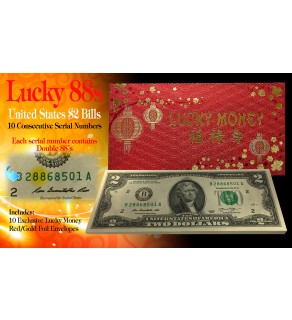 Chinese Lunar New Year Lucky Money $2 Bills BEP Pack of 10 Consecutive - All Double 88 Serial #’s 