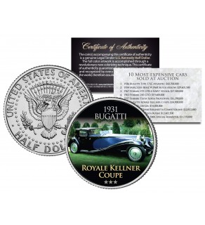1931 BUGATTI - ROYALE KELLNER COUPE - Most Expensive Cars Sold at Auction - Colorized JFK Half Dollar U.S. Coin
