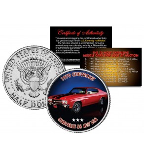 1970 CHEVROLET CHEVELLE SS 427 LS6 - Most Expensive Muscle Cars Ever Sold at Auction - Colorized JFK Half Dollar U.S. Coin