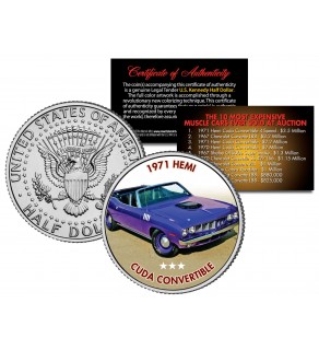 1971 HEMI CUDA CONVERTIBLE - Most Expensive Muscle Cars Ever Sold at Auction - Colorized JFK Half Dollar U.S. Coin