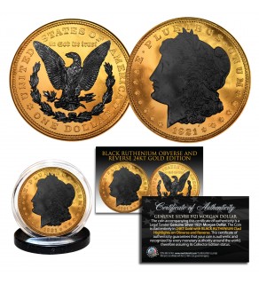 1921 Original AU MORGAN SILVER Dollar 24KT GOLD Plated with 2-Sided Black Ruthenium Highlights 