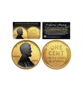 24K GOLD Clad 1943 Genuine Steel Wartime Wheat Penny U.S. Coin with BLACK RUTHENIUM Lincoln Portrait 