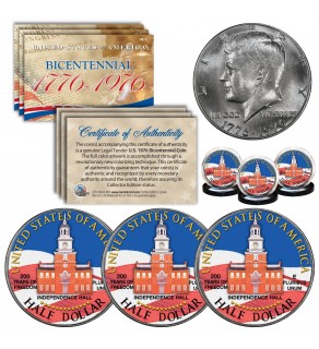 1976 Bicentennial Kennedy U.S. JFK Half Dollar Colorized Independence Hall U.S. Coin (Quantity 3)