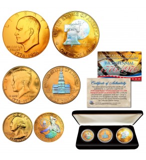 1976 Bicentennial Genuine 24K Gold Plated & Prism Hologram U.S. Coin Set JFK Half Dollar / IKE Dollar / Quarter Dollar 3-Coin Collection with Display Box