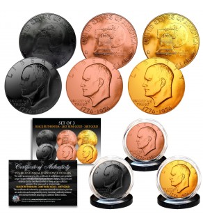1976 Bicentennial U.S. Eisenhower IKE Dollar Coins SET of 3 Rare Metal Versions (24KT Gold, Rose Gold, Black Ruthenium) 
