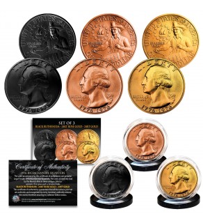 1976 Bicentennial U.S. Quarter Coins SET of 3 Rare Metal Versions (24KT Gold, Rose Gold, Black Ruthenium) 