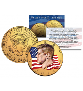 Colorized - FLOWING FLAG - 2016 JFK Kennedy Half Dollar US Coin P Mint - 24K Gold Plated