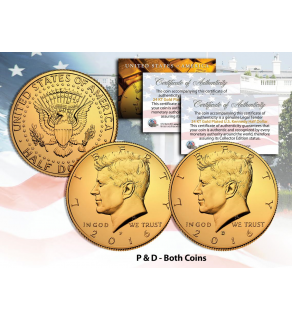 24K GOLD PLATED 2016 JFK Kennedy Half Dollar U.S. 2-Coin Set - Both P & D MINT - with Capsules and COA