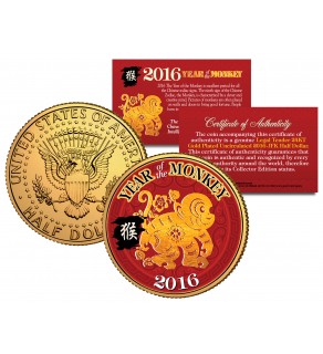2016 Chinese New Year * YEAR OF THE MONKEY * 24 Karat Gold Plated JFK Kennedy Half Dollar U.S. COIN