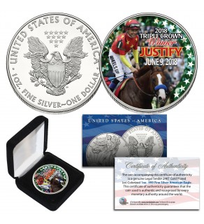 JUSTIFY TRIPLE CROWN WINNER Horse Racing Genuine 1 oz. .999 SILVER U.S. 2018 AMERICAN EAGLE in Deluxe Display Box