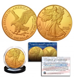 2021 Genuine 24K GOLD Plated 1 OZ .999 Fine Silver BU American Eagle U.S. Coin - TYPE 2 