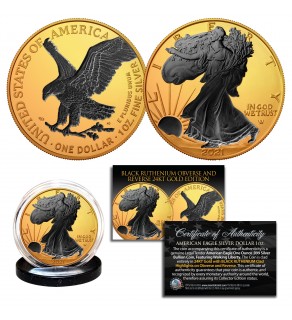 2021 Genuine 24K GOLD Plated with BLACK RUTHENIUM highlights 2-Sided 1 OZ .999 Fine Silver BU American Eagle U.S. Coin - TYPE 2