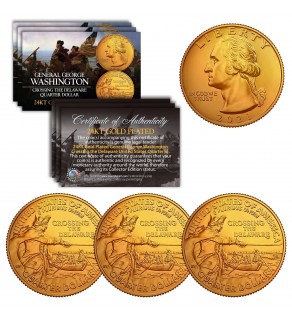2021 Washington Crossing the Delaware Quarter Genuine U.S. Coin - 24KT GOLD PLATED (QTY: 3)