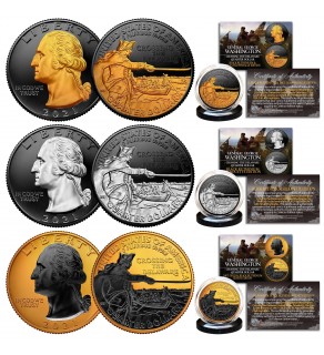 2021 WASHINGTON CROSSING DELAWARE Quarters 2-Sided BLACK RUTHENIUM SET of 3 Rare Metal Versions Coins (Black Ruthenium, Silver, 24K Gold) 