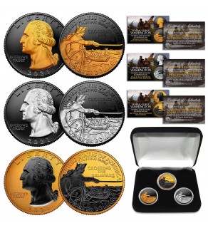 2021 WASHINGTON CROSSING DELAWARE Quarters SET of 3 Rare Metal Versions Coins (Black Ruthenium, Silver, 24K Gold) in Display Box
