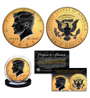 24K GOLD Gilded 2-SIDED 2022 JFK Kennedy Half Dollar U.S. Coin with BLACK RUTHENIUM Highlights on Obverse & Reverse (P Mint)