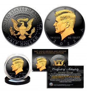 Black RUTHENIUM 2-SIDED 2022 Kennedy Half Dollar U.S. Coin with 24K Gold Clad JFK Portrait on Obverse & Reverse (P Mint)