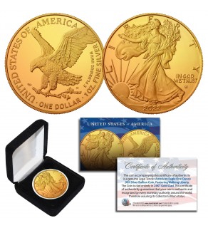 2022 Genuine 24K GOLD Plated 1 OZ .999 Fine Silver BU American Eagle U.S. Coin - TYPE 2 with Display Box