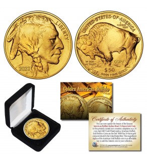 2023 24K Gold Plated $50 AMERICAN GOLD BUFFALO Indian Tribute Coin with Black Felt Coin Display Box