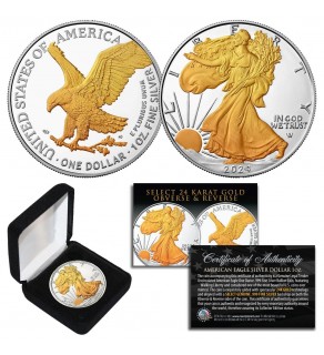 2023 American Silver Eagle Uncirculated 1 oz. One Ounce U.S. Coin with SELECT 24KT Gold Gilded Highlights on Both Sides (with BOX)