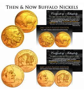 Then & Now Buffalo Nickel 24K Gold Plated 2-Coin Set - Both 1930's Buffalo Indian & 2005 American Bison Nickels - BOGO