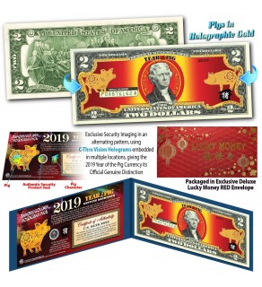 2019 Chinese New Year - YEAR OF THE PIG - Gold Hologram Lunar Red Legal Tender U.S. $2 BILL - $2 Lucky Money with Blue Folio and Free Red Envelope