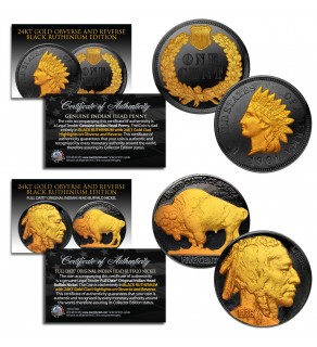Black RUTHENIUM Original INDIAN HEAD Cent Penny & INDIAN HEAD Buffalo Nickel with 2-Sided 24KT Gold Clad Highlights U.S. 2-Coin Set