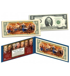 COLORIZED BACK with FOUNDING FATHERS OF THE UNITED STATES Colorized Reverse $2 Bill Genuine U.S. Legal Tender