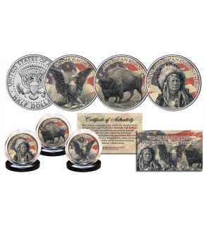 United States HISTORICAL SYMBOLS Genuine U.S. JFK Kennedy Half Dollar 3-Coin Set - Black Eagle / American Buffalo / Indian Chief
