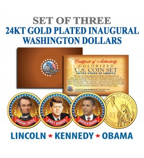 OBAMA - KENNEDY - LINCOLN - Presidential $1 U.S. Dollar Colorized 3-Coin Set 24K Gold Plated 