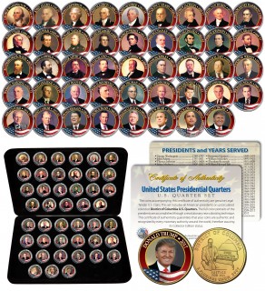 ALL 45 United States PRESIDENTS Complete Set Colorized Washington DC Quarters 24K Gold Plated with DELUXE BOX and FULL COLOR CERTIFICATE