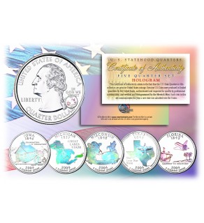 2004 US Statehood Quarters HOLOGRAM - 5-Coin Complete Set - with Capsules & COA