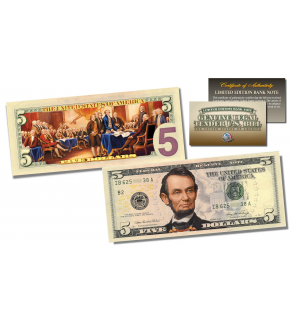 2-Sided Colorized Genuine Legal Tender U.S. $5 Five-Dollar Bill - Declaration of Independence Reverse