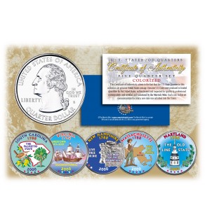 2000 US Statehood Quarters COLORIZED Legal Tender - 5-Coin Complete Set - with Capsules & COA