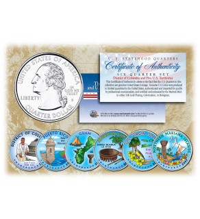 2009 DC & US TERRITORIES Quarters COLORIZED Legal Tender - 6-Coin Complete Set - with Capsules & COA