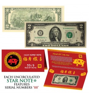 STAR NOTE 2019 CNY Year of the PIG Lucky Money U.S. $2 Bill w/ Red Folder S/N 88