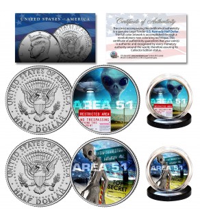 AREA 51 - ALIEN UFO Top Secret Extraterrestrial Space Ship JFK Half Dollar U.S. 2-Coin Set