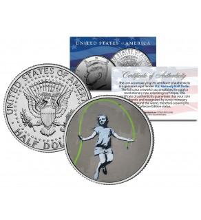 BANKSY - GIRL JUMPING ROPE - Colorized JFK Half Dollar U.S. Coin - Street Art Graffiti