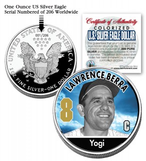 YOGI BERRA 2006 American Silver Eagle Dollar 1 oz U.S. Colorized Coin Yankees - Officially Licensed