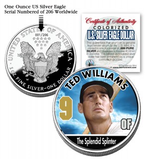 TED WILLIAMS 2006 American Silver Eagle Dollar 1 oz Colorized U.S. Coin Baseball - Officially Licensed