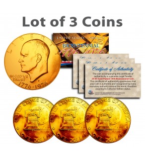 Bicentennial 1976 Eisenhower IKE Dollar Coins 24K GOLD PLATED w/Capsules (Quantity 3)
