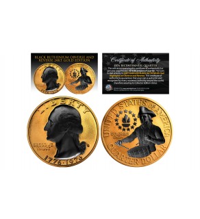  24K GOLD Plated 2-Sided 1976 Bicentennial Quarter with Black RUTHENIUM Highlights Obverse & Reverse 