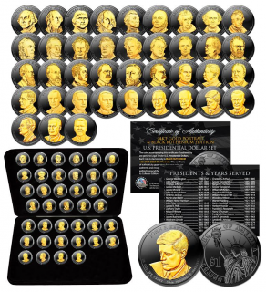 2007-2016 Complete Collection of U.S. PRESIDENTIAL DOLLARS - BLACK RUTHENIUM Edition featuring 24K Gold Highlights with Deluxe Leatherette Box (Complete Set of all 39 Coins)