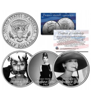 BREAKFAST AT TIFFANY'S 1961 Movie Colorized JFK Kennedy Half Dollar U.S. 3-Coin Set - AUDREY HEPBURN
