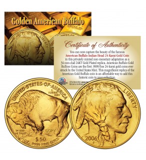 24K Gold Plated 2006 & 2014 AMERICAN GOLD BUFFALO Indian 2-Coin Set