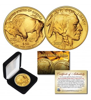 2022 24K Gold Plated $50 AMERICAN GOLD BUFFALO Indian Tribute Coin with Black Felt Coin Display Box