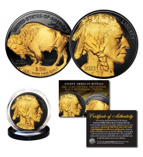 2022 BLACK RUTHENIUM $50 AMERICAN GOLD BUFFALO Indian Tribute Coin with 24KT Gold Clad Obverse & Reverse