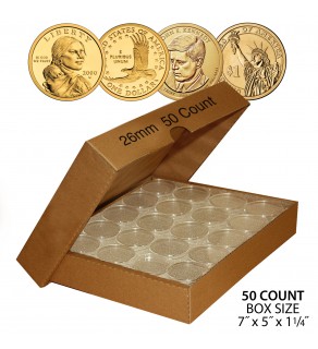 PRESIDENTIAL DOLLAR / SACAGAWEA DOLLAR / SBA DOLLAR Direct-Fit Airtight 26mm Coin Capsule Holders (QTY: 50) **COMES PACKAGED WITH BOX AS SHOWN** 