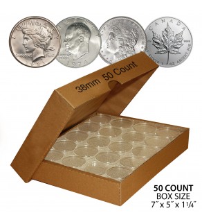  MORGAN DOLLARS / PEACE DOLLARS / IKE DOLLARS / 1oz CANADIAN MAPLE LEAFS Direct-Fit Airtight 38mm Coin Capsule Holders (QTY: 50) **COMES PACKAGED WITH BOX AS SHOWN** 