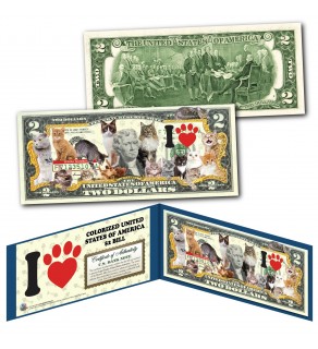 CATS I Love Cats Collectible Genuine Legal Tender U.S. $2 Bill Featuring 16 Different Breeds